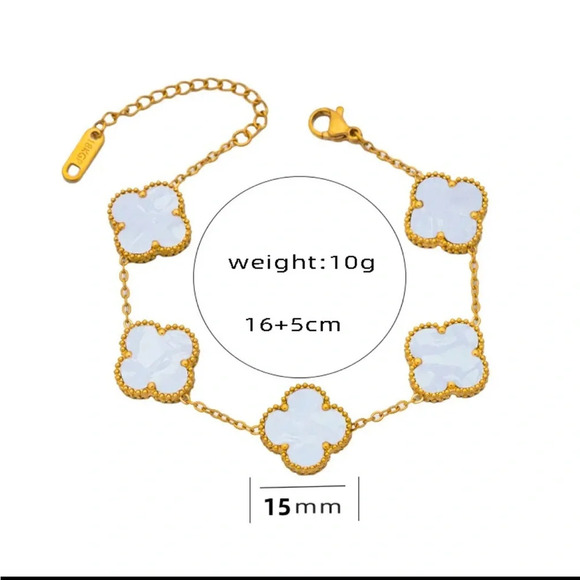 Four Leaf Clover Stainless Steel Bracelet Gold With Faux Mother Of Pearl - Picture 6 of 12